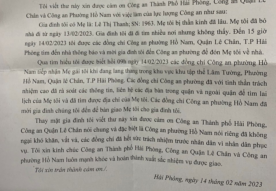 Người dân gửi Thư cảm ơn Công an phường Hồ Nam, quận Lê Chân